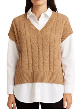 Rachel Zoe Camel Cable-Knit V-Neck Sweater Vest